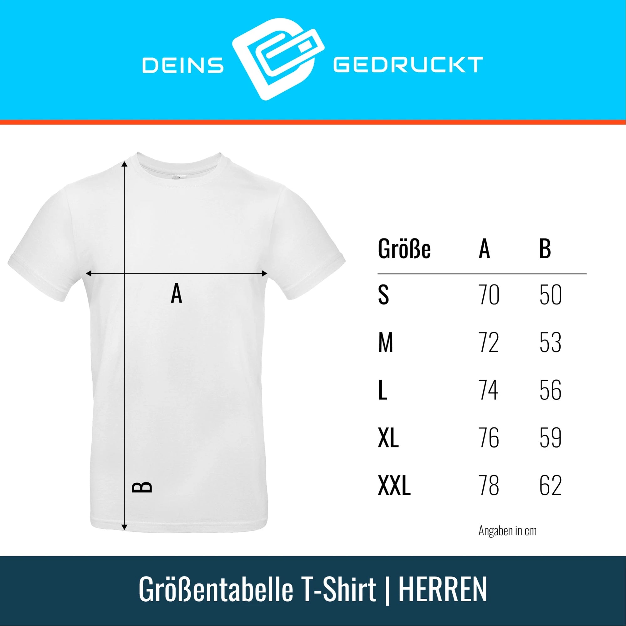 Größentabelle T-Shirt Herren – Maße in cm für S bis XXL mit Darstellung von Länge und Breite
